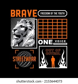 Graphic print tees, with text, brave, freedom of the youth. Lion Statue vector and abstract design for tees, stylish print for streetwear, urban streetwear, isolated on black background