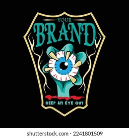 Graphic print tees, with text, keep an eye out and eyeball illustration. Abstract design for tees, stylish print for streetwear, urban streetwear, isolated on black background