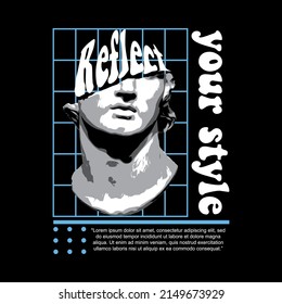 Graphic print tees, with text, reflect your style. Statue vector and abstract design for tees, stylish print for streetwear, urban streetwear, isolated on black background