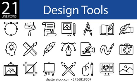 Graphic production creative suite icon set in minimalist black linear style, vector, photography, sketching, and printing.
