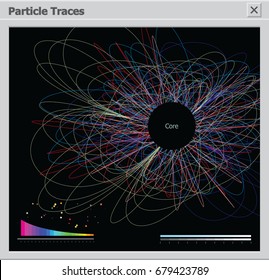 Graphic projected onto a screen shows traces of particles. Application window with data. Physical Science experiment infographic, computer model. Vector illustration