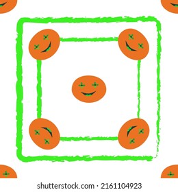 Graphic psychedelic pattern consisting of smiling orange faces on a white background. Seamless, vector, cartoon, hand drawn.