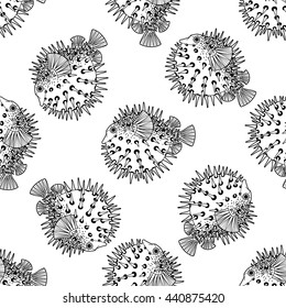 Graphic puffer fish isolated on white background. Sea hedgehoge. Ocean creature in black and white colors. Vector element for seafood menu. Coloring book page design