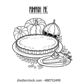 Graphic pumpkin pie drawn in line art style. Thanksgiving day design isolated on white background in black colors. Coloring book page design for adults and kids.