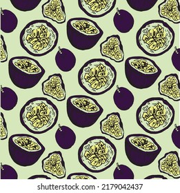 Graphic purple pattern with passion fruit. Vector image for packaging, sites, designs.