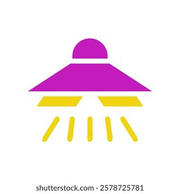 A graphic purple UFO with yellow light beams below