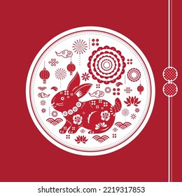 Conejo gráfico sobre fondo rojo para tarjeta de felicitación o año nuevo chino.