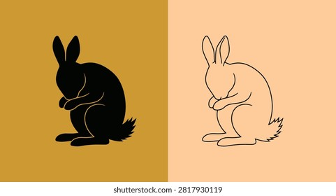 Graphic rabbit silhouette and outline drawing side by side with silhouette