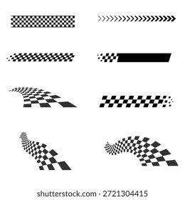 Padrões de corrida gráficos e desenhos de borda de bandeira quadriculada representando o movimento de velocidade e linhas de acabamento para eventos de automobilismo de marca de corrida automotiva e visuais de competição de pista