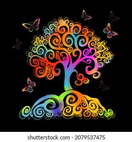 El arcoiris gráfico es un hermoso árbol abstracto con mariposas. Ilustración del vector