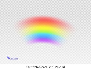 Arco-íris gráfico com fundo transparente Arco de forma realista isolado no fundo branco transparente. Luz colorida e elemento de design brilhante Ilustração vetorial