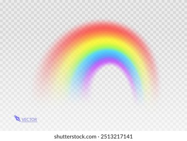Arco-íris gráfico com fundo transparente Arco de forma realista isolado no fundo branco transparente. Luz colorida e elemento de design brilhante Ilustração vetorial