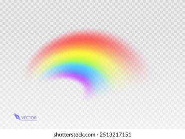 Arco-íris gráfico com fundo transparente Arco de forma realista isolado no fundo branco transparente. Luz colorida e elemento de design brilhante Ilustração vetorial