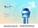 graphic of realistic air control tower showing air traffic controller interface with airplane futuristic technology