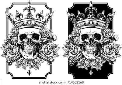 Graphic realistic black and white detailed human skull with crossed bones crown and roses with spikes vector set