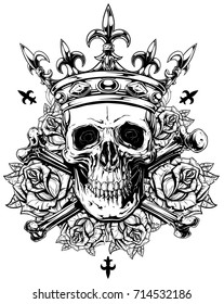 Graphic realistic black and white detailed human skull with crossed bones crown and roses with spikes vector