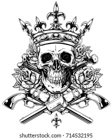 Graphic realistic black and white detailed human skull with crossed bones crown and roses with old revolvers vector