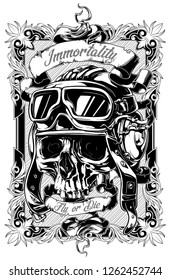 Graphic realistic detailed old human skull in leather retro pilot helmet with glasses and ribbons. In frame with floral elements. On white background. Vector icon.