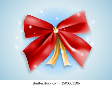 Graphic realistic detailed shiny colorful red christmas holiday present bow knot with ribbon and stripe. On blue shiny glossy background. New Year vector icon.