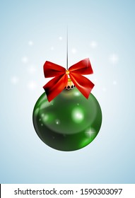Graphic realistic detailed shiny green christmas balls with red holiday bow knot. On blue glossy background. New Year vector icon.