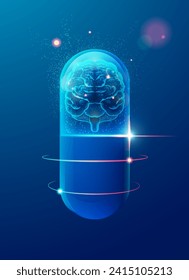 graphic of realistic tranparent pill with futurisitc brain inside, concept of medical treatment for human brain