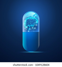 graphic of realistic transparent pill with futurisitc brain inside, concept of medical treatment for human nerve