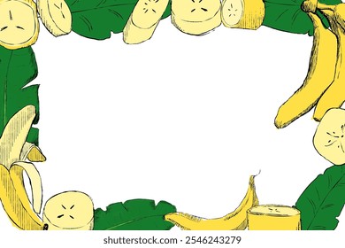 Graphic rectangle frame with banana tree leaves and bananas slices. Vector Hand drawn botanical illustration isolated on white background. For clip art cards invitation label package