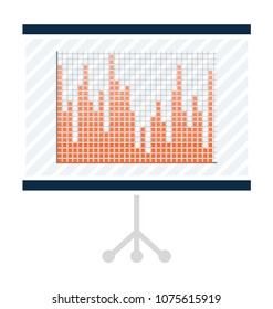 Graphic with red bars in presentation on big screen that stands on tripod. Visual representation of statistical data isolated vector illustration