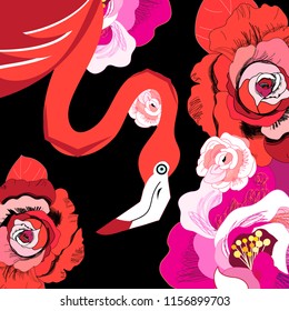 Graphic red flamingo among roses on a dark background