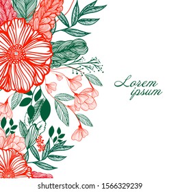 Graphic red and green flower with green leaves. Background for postcards. Vector