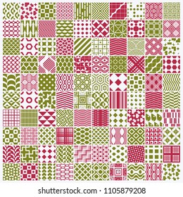Graphic red and green ornamental tiles collection, set of vector repeated patterns. 100 vintage art abstract textures can be used as wallpapers.