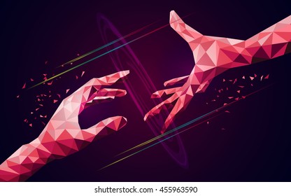 graphic of red polygon hand reaching to each other, concept of communication technology