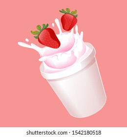 graphic red strawberry splash milk or yogurt cup isolated on pink background