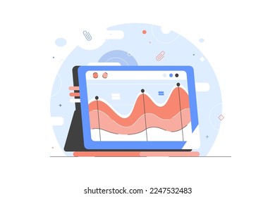 Graphic Report Vector Illustration Financial analytics. Tablet with Stock Graph, chart advertising web banner. Tablet invest. 