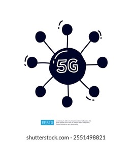 Eine grafische Darstellung der 5G-Technologie, die eine zentrale Kugel mit der Bezeichnung "5G" aufweist, mit mehreren Linien, die mit kleineren Kugeln verbunden sind und die die Konnektivität symbolisieren.