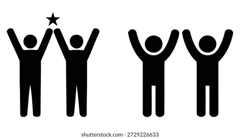 A graphic representation of achievement and teamwork featuring four simple black human icons. Two figures celebrate a goal symbolized by a star above their hands, while two others raise their arms in