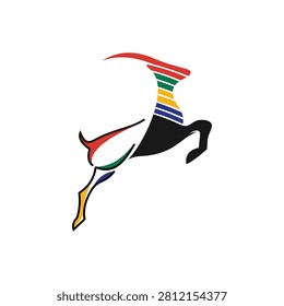 A graphic representation of an antelope in mid-leap, featuring a black body and a vibrant rainbow pattern on its neck and legs.