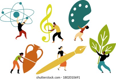 Graphic representation of arts and science, people holding symbols of music, research, writing, EPS 8 vector illustration