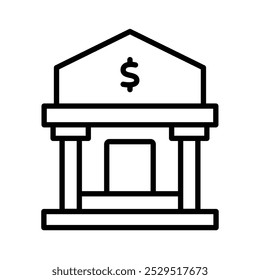 A graphic representation of a bank building with a dollar sign symbolizing finance.