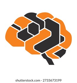 Graphic representation of a brain with orange and black abstract shapes