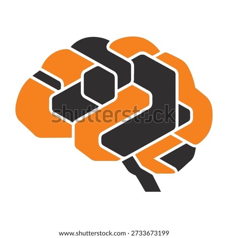 Graphic representation of a brain with orange and black abstract shapes