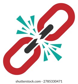 A graphic representation of a broken chain link, symbolizing disconnection, failure, and weakness in connections.
