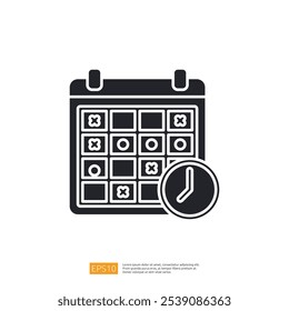 A graphic representation of a calendar with marked dates and a clock, symbolizing scheduling or time management.