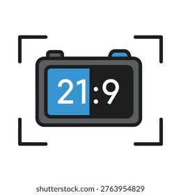 A graphic representation of a camera viewfinder displaying the 21:9 aspect ratio, surrounded by framing lines, ideal for use in marketing, advertising, or educational materials related to video production, cinematography, or screen technology.