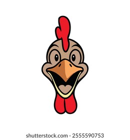 graphic representation of a chicken's head, commonly used in logos, apps, games, and design elements. It typically features simplified details like a beak, comb, and eyes, emphasizing a fun,