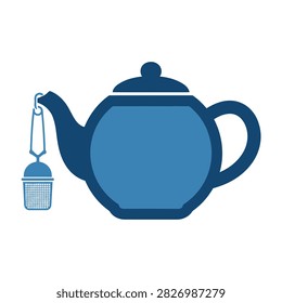Graphic representation of a classic blue teapot with a hanging tea infuser symbol. Ideal for cafe menus, tea shop branding, and beverage related design projects.