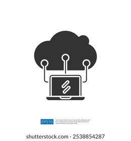 A graphic representation of cloud computing, featuring a laptop connected to a cloud symbol with lines, illustrating the concept of data storage and access.