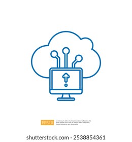 A graphic representation of cloud computing, featuring a computer with an upload symbol and connected lines, symbolizing data transfer to the cloud.