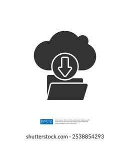 A graphic representation of cloud storage, featuring a cloud above a folder with a downward arrow, symbolizing file downloading or data transfer.