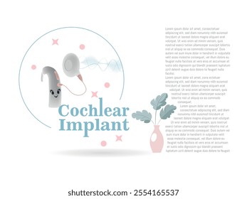 Graphic representation of a cochlear implant showcasing its modern design, sound waves, and decorative details accompanied by text.